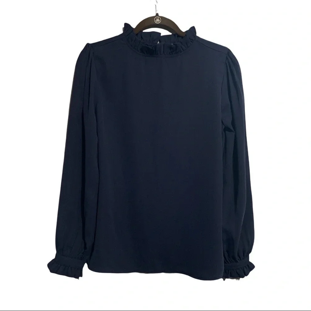 NWT Zenana Navy Ruffle Hem Neckline Long-sleeve Blouse Size Small
